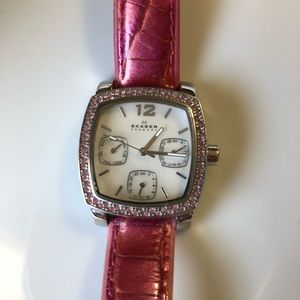 Skagen Pink Crystal Watch with Crocodile Band & Original Box